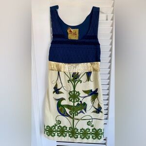 Free People Blue and Gold Textured Dress, Velvet and Cotton